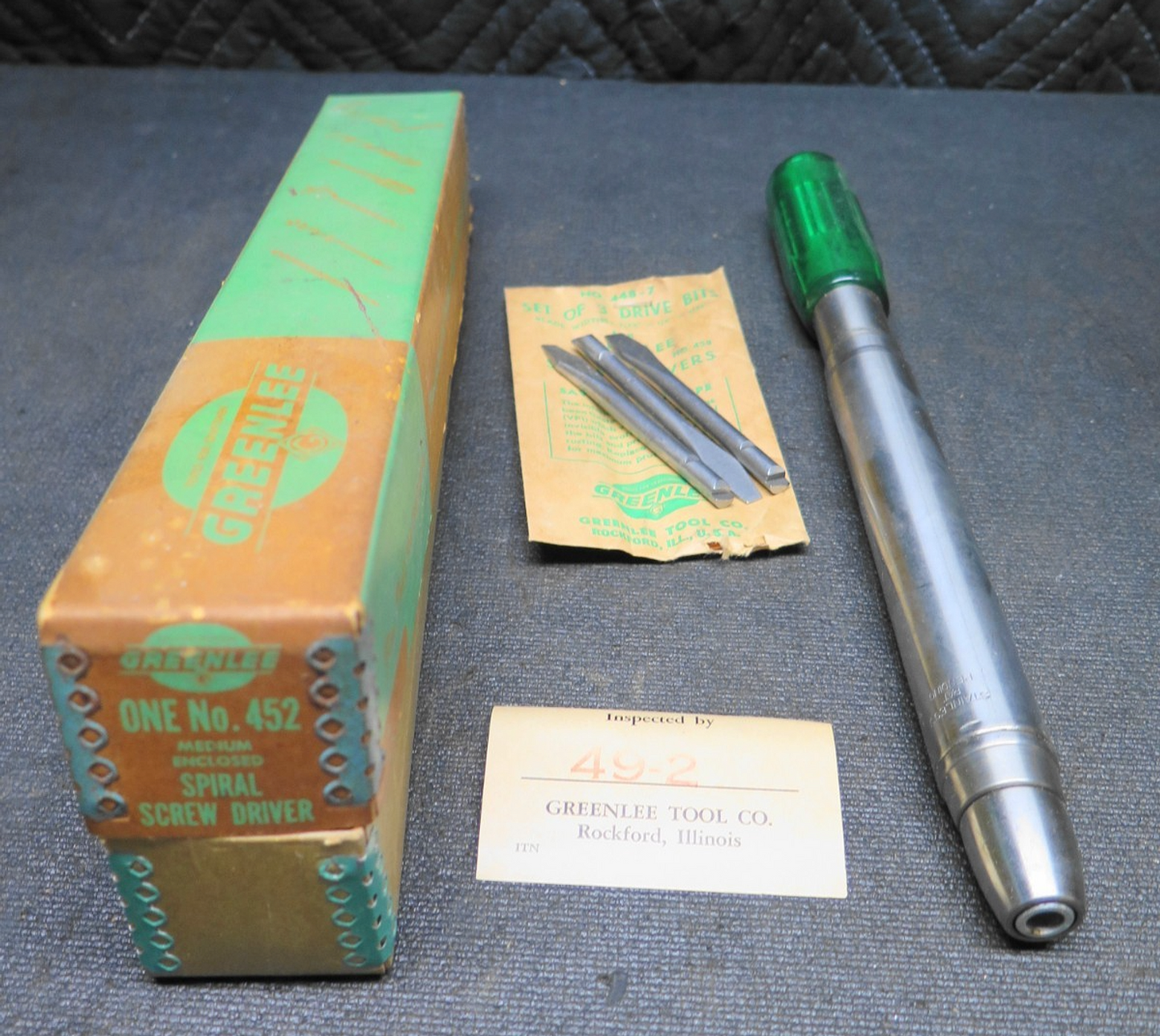 Vintage Greenlee Spiral Screwdriver No. 452 USA Made w/ 3 Original Bits & Box.