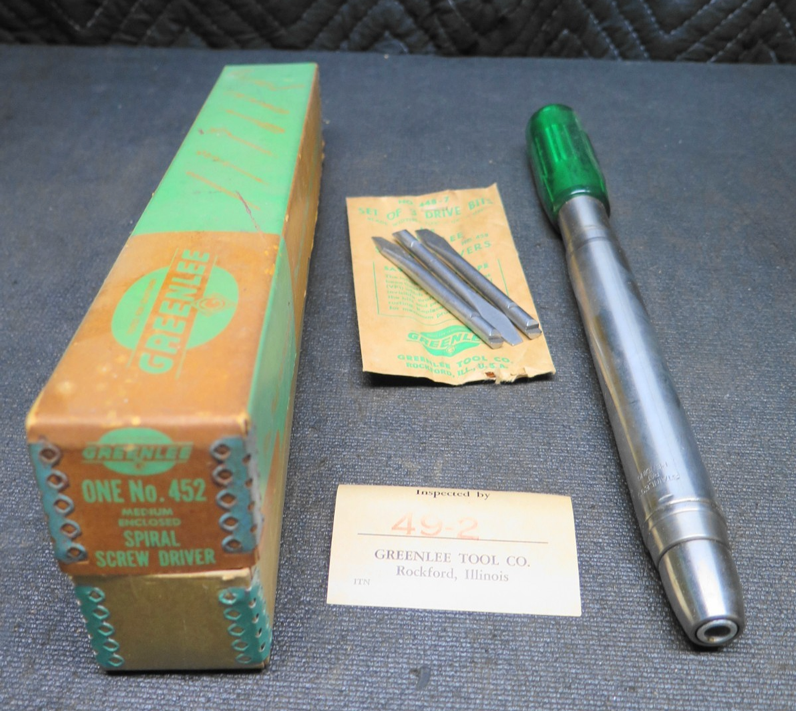 Vintage Greenlee Spiral Screwdriver No. 452 USA Made w/ 3 Original Bits & Box.