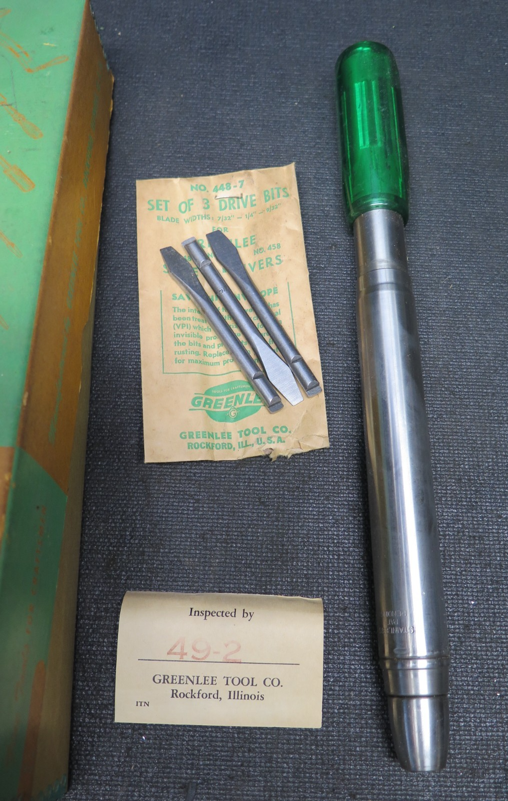 Vintage Greenlee Spiral Screwdriver No. 452 USA Made w/ 3 Original Bits & Box.