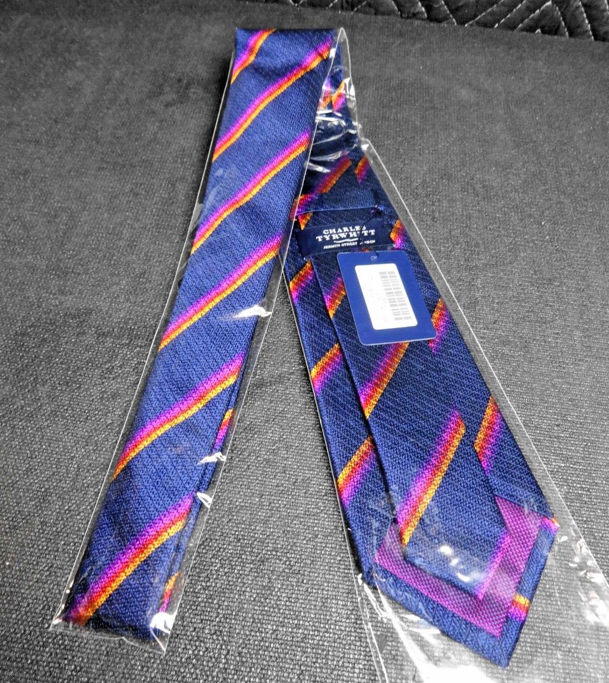 CHARLES TYRWHITT Mottisfont Woven Navy & Orange Silk Woven Stripe Tie - 57"x3.5"