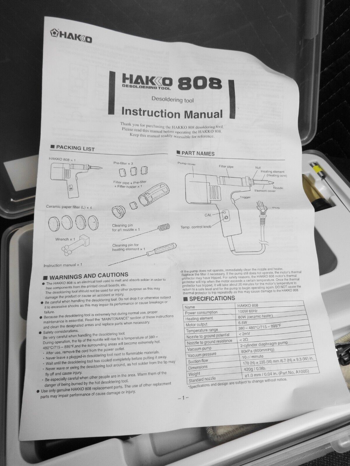 HAKKO 808 Desoldering Gun w/ accessories and case 808 KIT/P Complete LNIB Cond