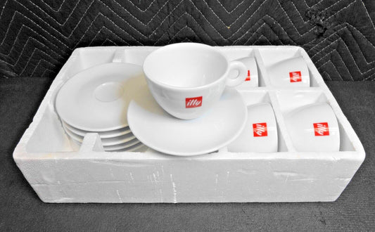 Set of 6 ILLY White Red Logo Coffee Cups & Saucers, O Handle, Italy, 12 Pcs