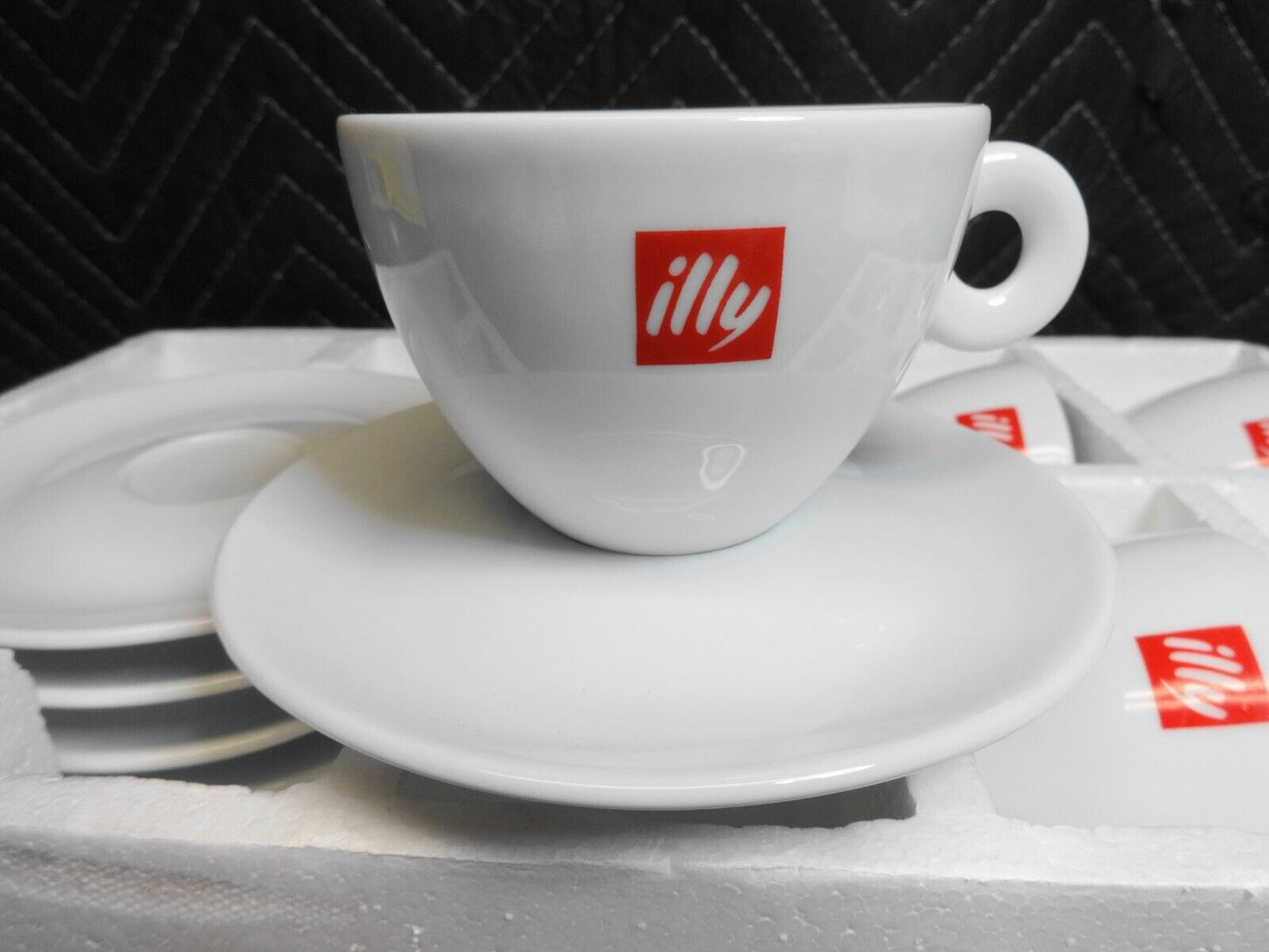 Set of 6 ILLY White Red Logo Coffee Cups & Saucers, O Handle, Italy, 12 Pcs