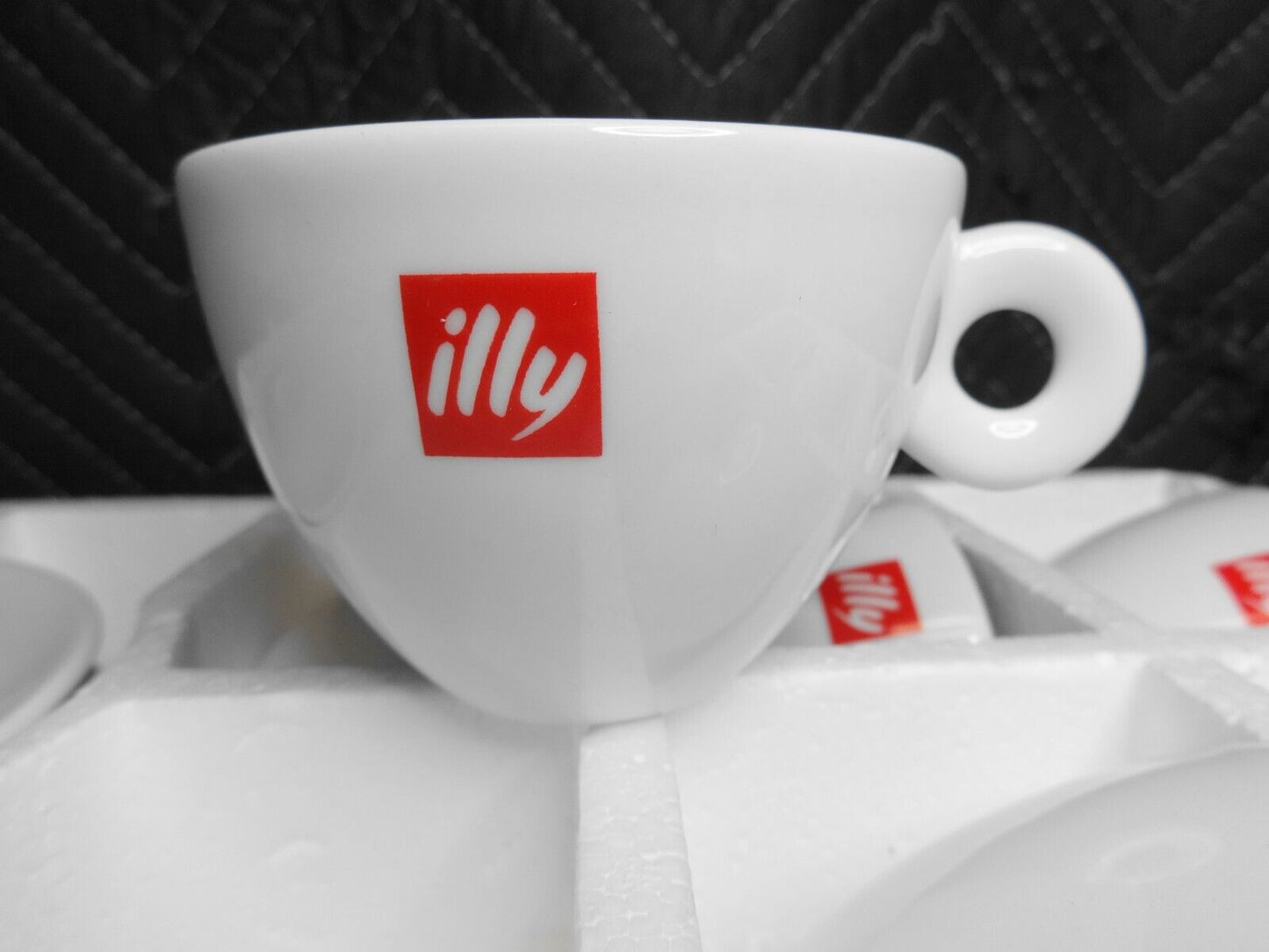 Set of 6 ILLY White Red Logo Coffee Cups & Saucers, O Handle, Italy, 12 Pcs