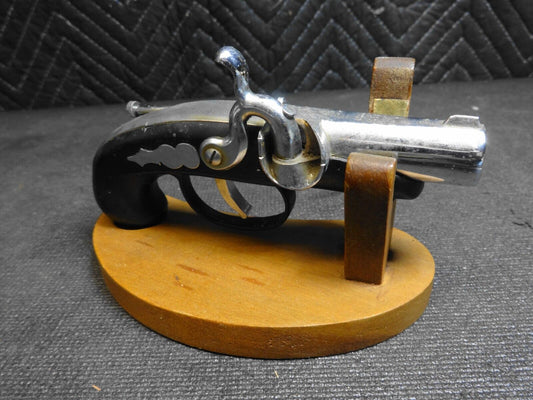 Vintage Flintlock Pistol Gun Style Cigarette Lighter With Wooden Stand Japan