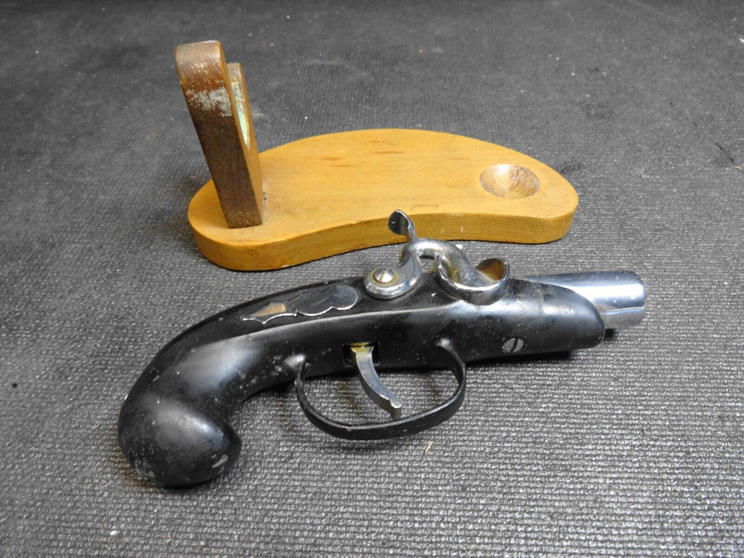 Vintage Flintlock Pistol Gun Style Cigarette Lighter With Wooden Stand Japan