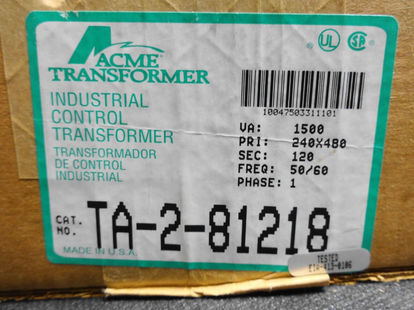 Acme Electric TA-2-81218 Control Transformer, 220/480V Pri  120v Sec 1500VA