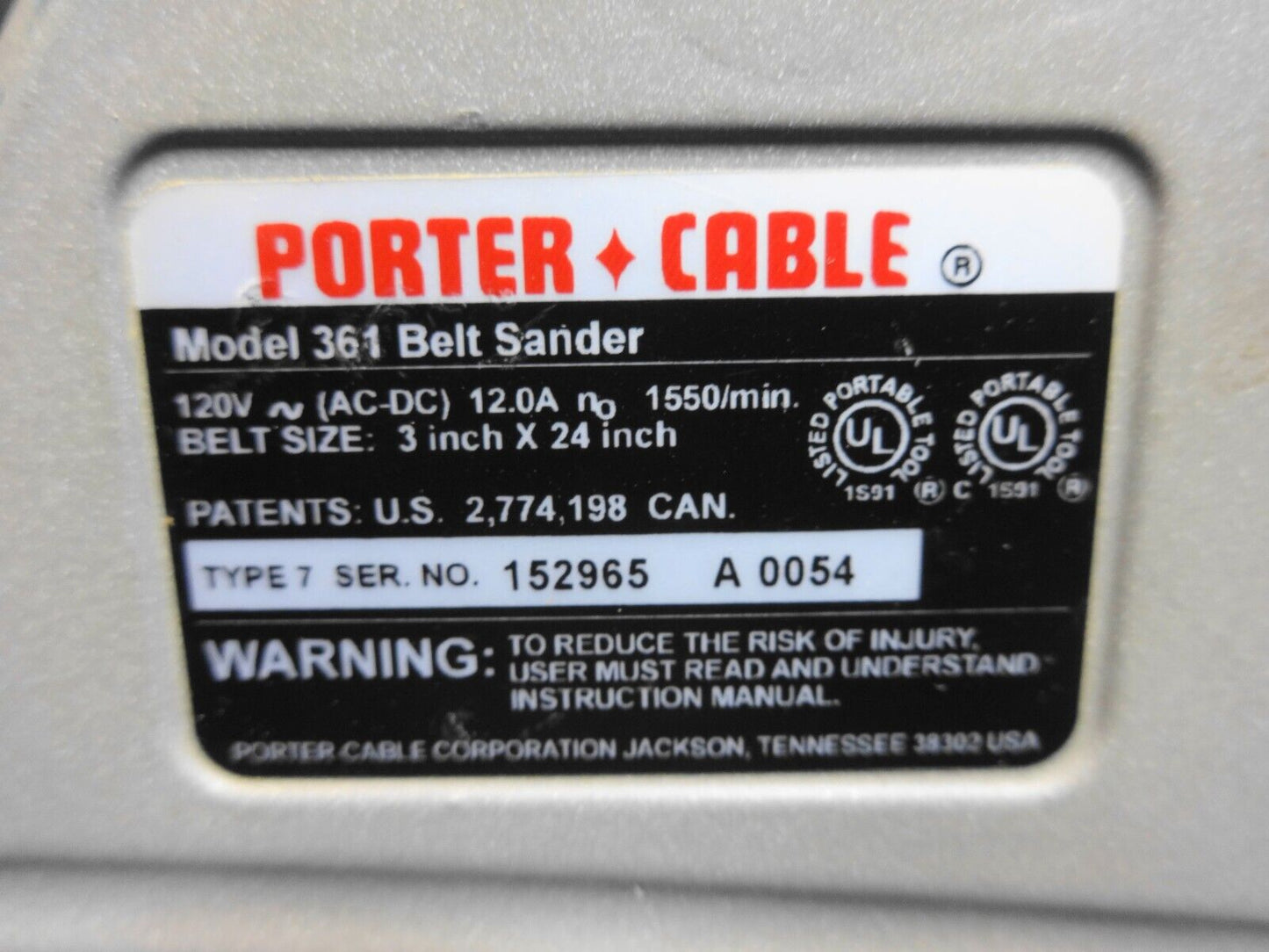 Porter Cable 361 Heavy Duty Single Speed Belt Sander 3"x24" Belt - New Cord