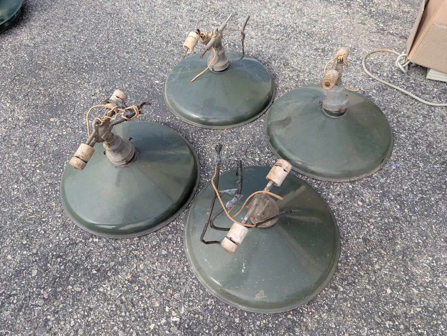 x4 14”Vtg Industrial Barn Green Porcelain Enamel Pendant Lamp Light W/ Brackets