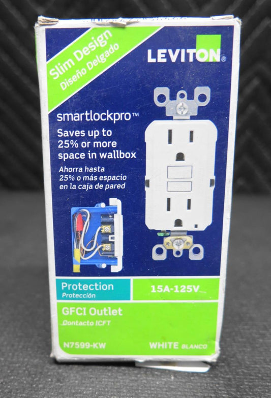 Leviton® N7599-KW Slim Non-Tamper Resistant GFCI Receptacle, 125 VAC, 15 A, 2 Po