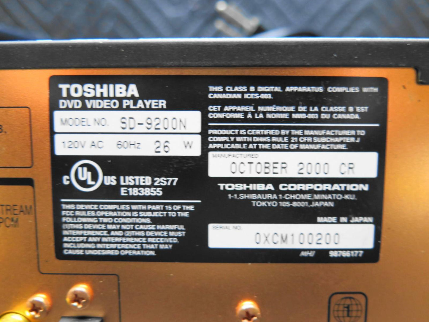 Toshiba SD-9200N Audiophile DVD-Audio Player w/ Remote & A/V Cables