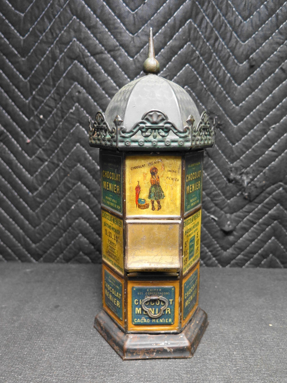 ANTIQUE FRENCH CHOCOLATE CANDY DISPENSER BANK CHOCOLAT MENIER TIN LITHO EX RARE