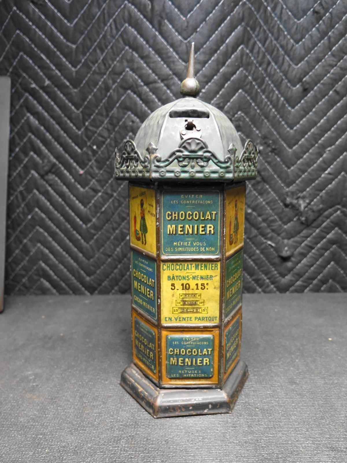 ANTIQUE FRENCH CHOCOLATE CANDY DISPENSER BANK CHOCOLAT MENIER TIN LITHO EX RARE