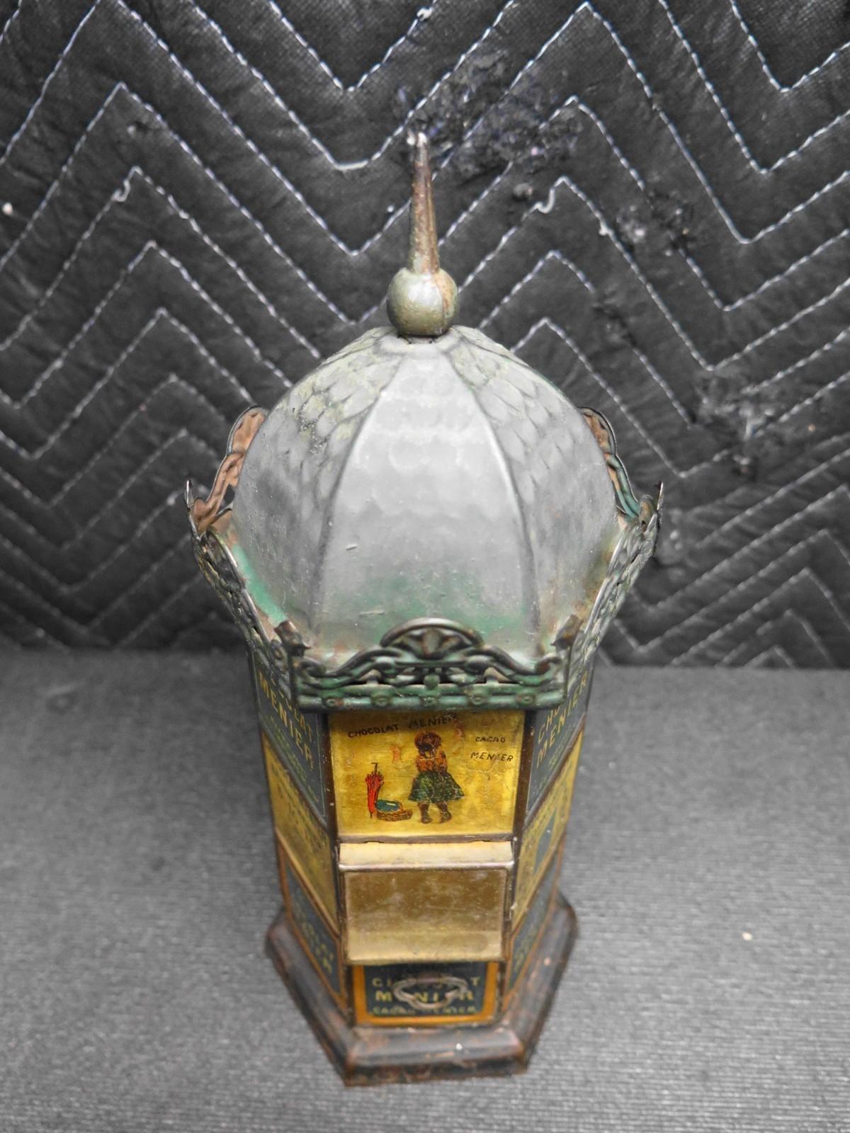 ANTIQUE FRENCH CHOCOLATE CANDY DISPENSER BANK CHOCOLAT MENIER TIN LITHO EX RARE