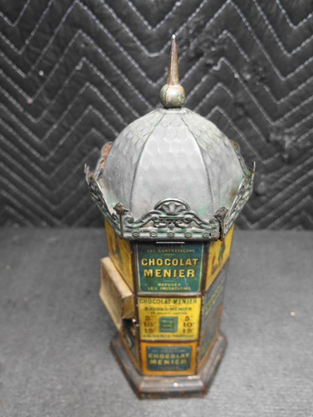 ANTIQUE FRENCH CHOCOLATE CANDY DISPENSER BANK CHOCOLAT MENIER TIN LITHO EX RARE
