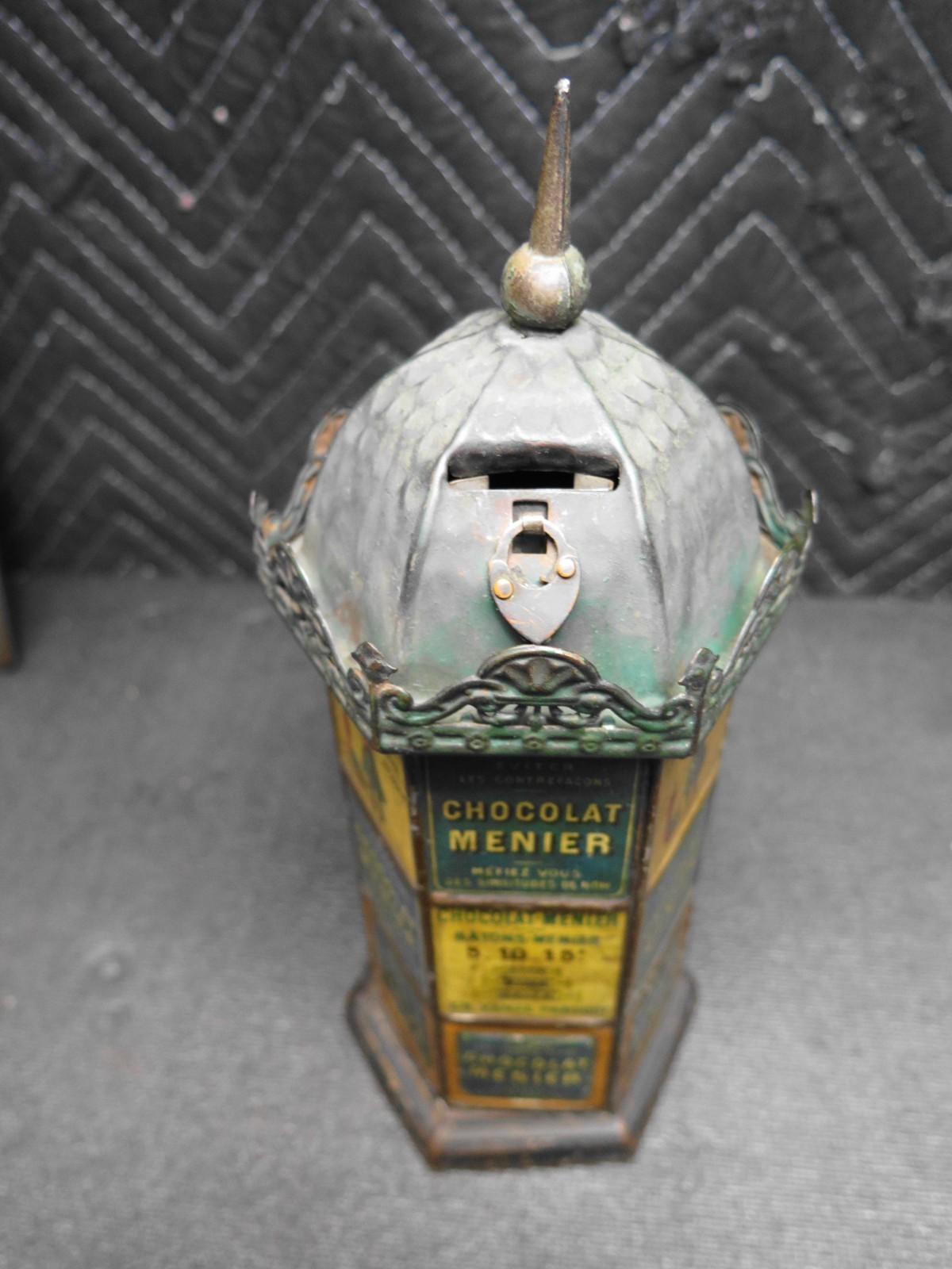 ANTIQUE FRENCH CHOCOLATE CANDY DISPENSER BANK CHOCOLAT MENIER TIN LITHO EX RARE