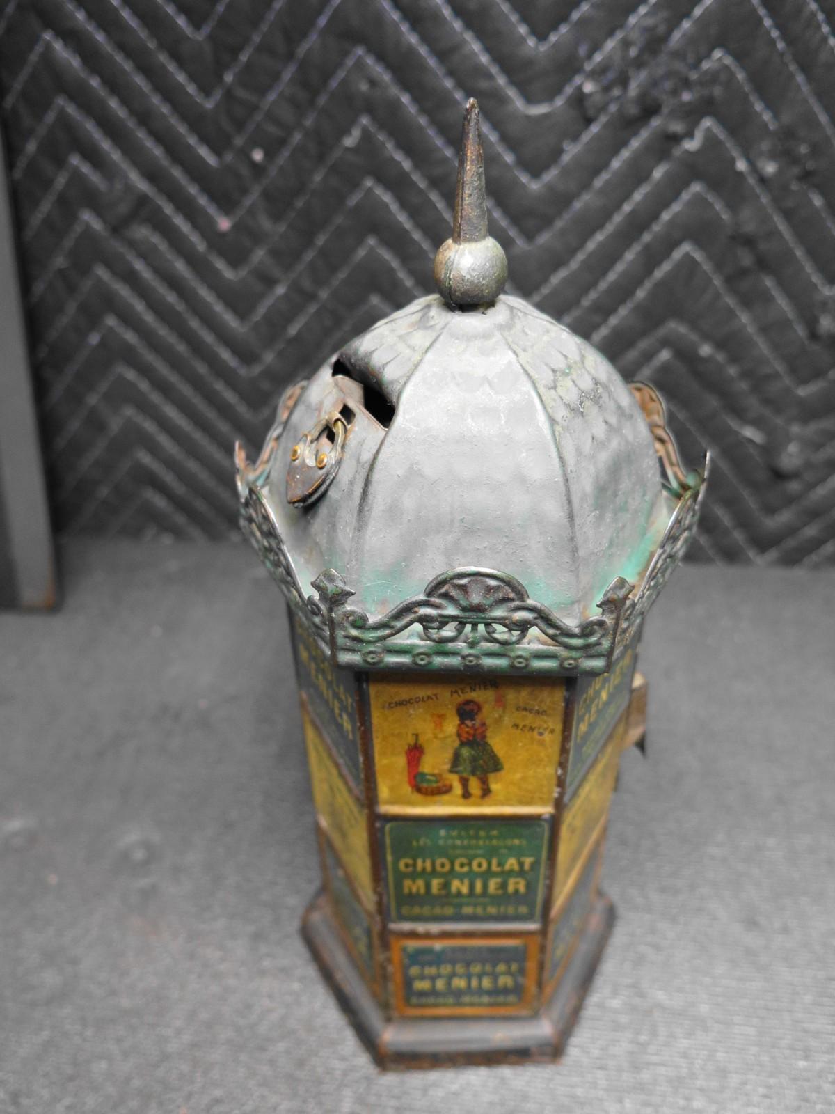 ANTIQUE FRENCH CHOCOLATE CANDY DISPENSER BANK CHOCOLAT MENIER TIN LITHO EX RARE