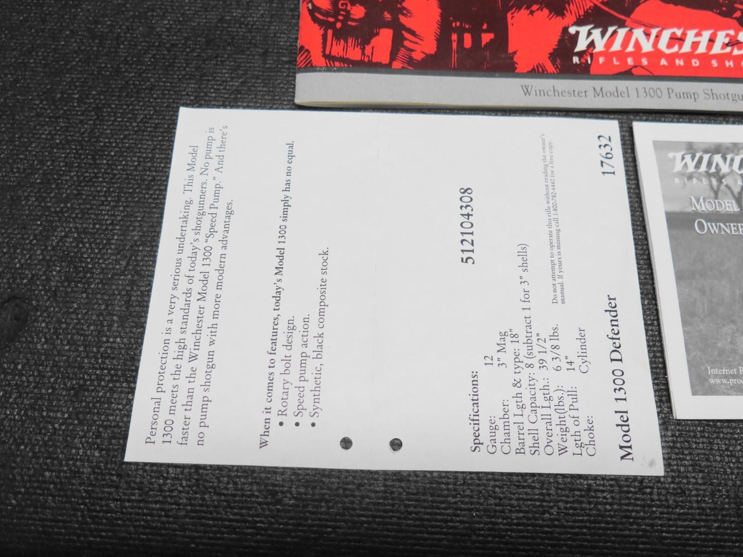 Winchester 1300 Defender - FACTORY Owners Manual & Owners Card - 1998