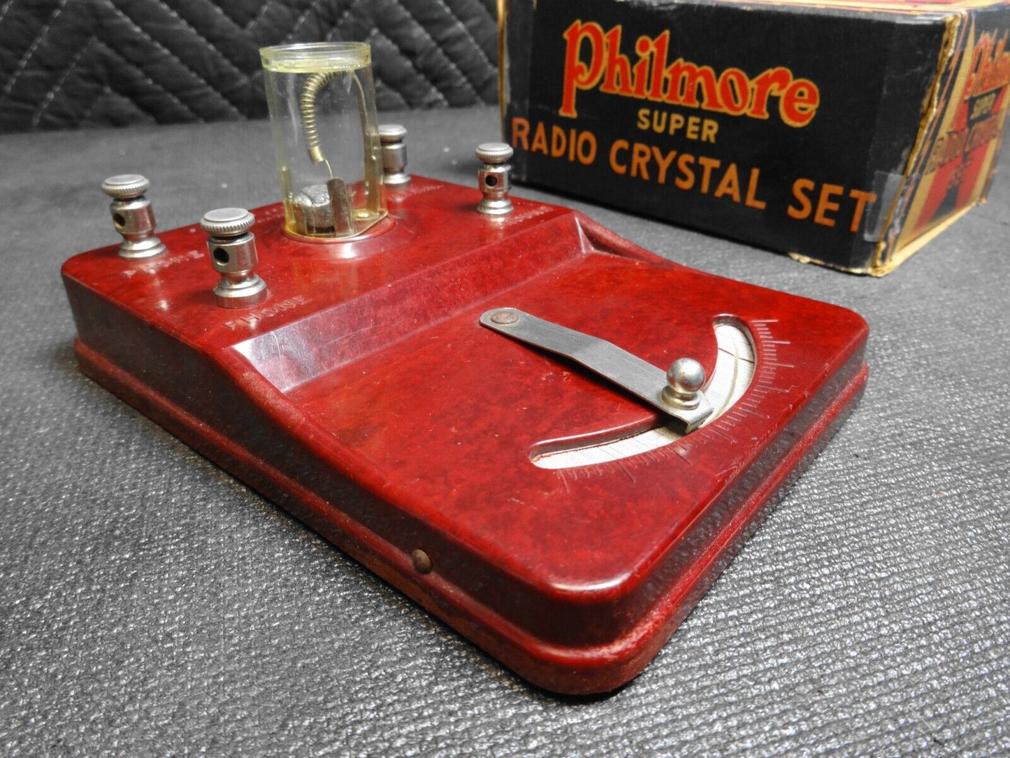 PHILMORE SUPER RADIO CRYSTAL SET DETECTOR - Marbled RED -  No 7001 W/ BOX