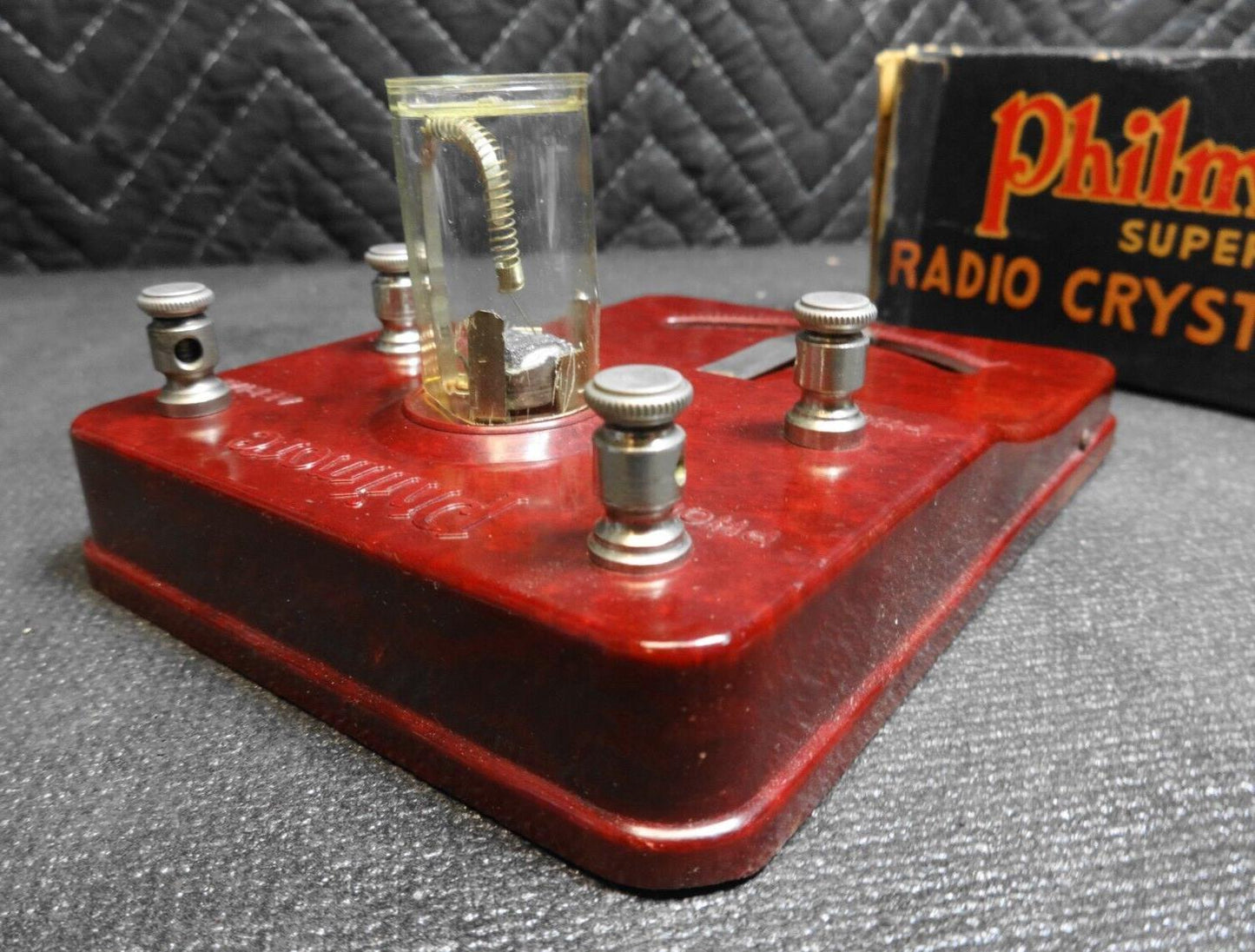 PHILMORE SUPER RADIO CRYSTAL SET DETECTOR - Marbled RED -  No 7001 W/ BOX