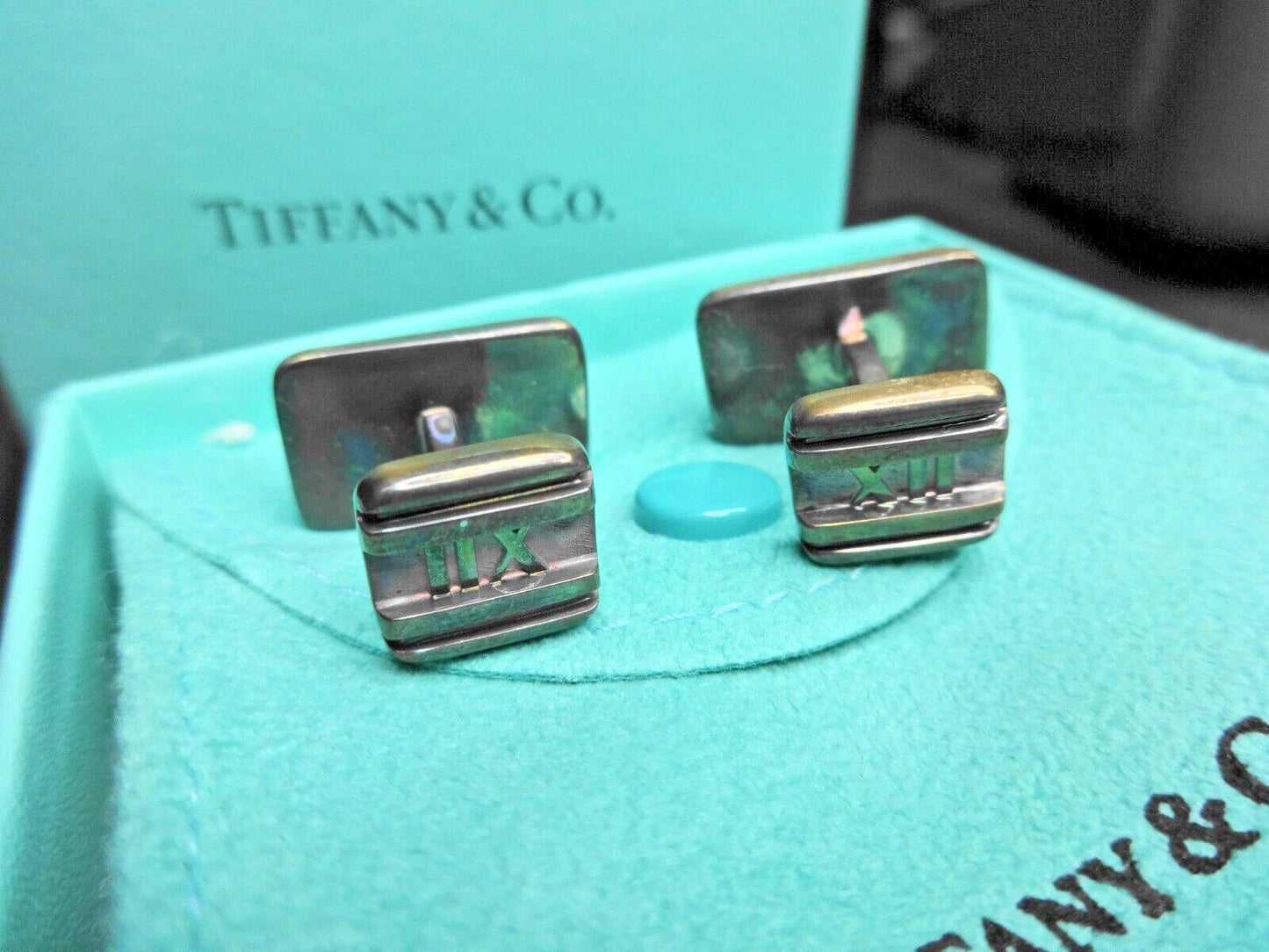 Tiffany & Co Silver Atlas Roman Numeral Cuff Links Made In Italy 925 silver