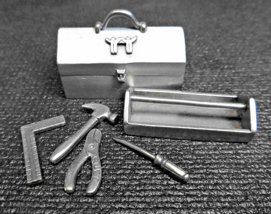 SIGNED JIM CLIFT HAND CRAFTED PEWTER TOOLS WITH TOOLBOX MINIATURE DOLLHOUSE