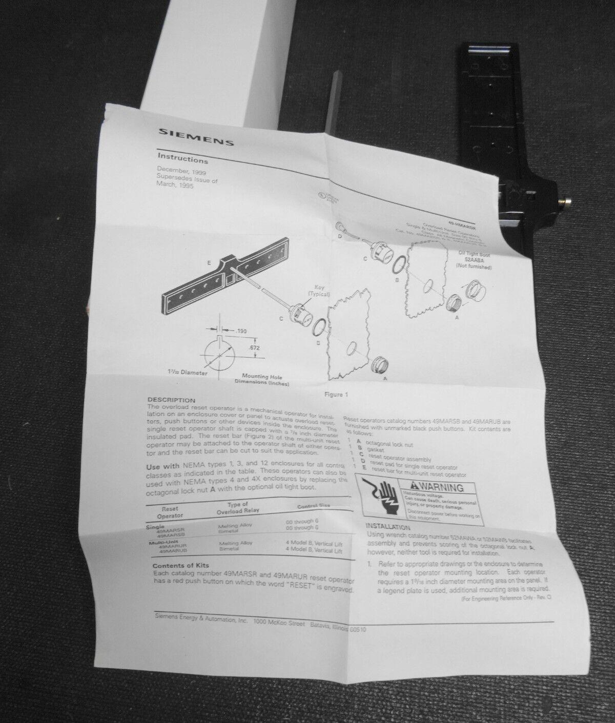 Siemens Oil Tight NEMA 4,12 OVERLOAD RESET KIT MULTI UNIT RESET - 49MARUB FURNAS