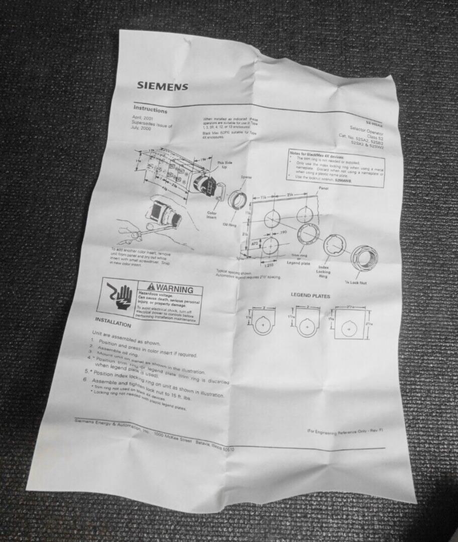 NEW SIEMENS 52SA2AAB Oil Tight Selector Operator Short Lever 2 POS, CAM A Furnas