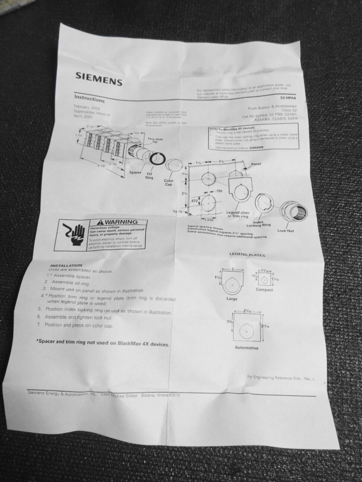 Furnas 52PA8B1 Siemens Push Button Operator - Extended Cap - BLACK