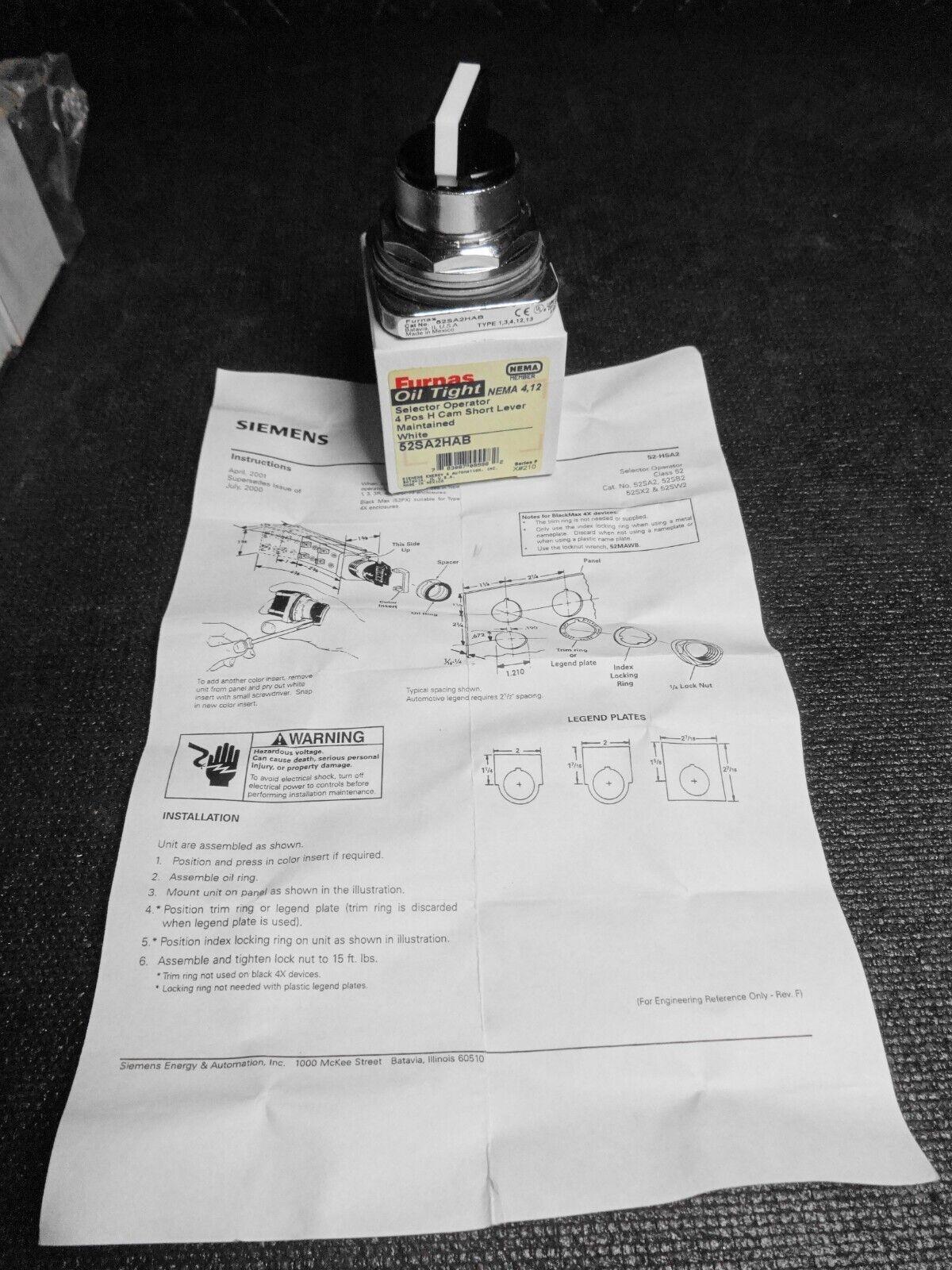 Siemens 52SA2HAB  4 POS Selector Operator 30MM Short Lever - White