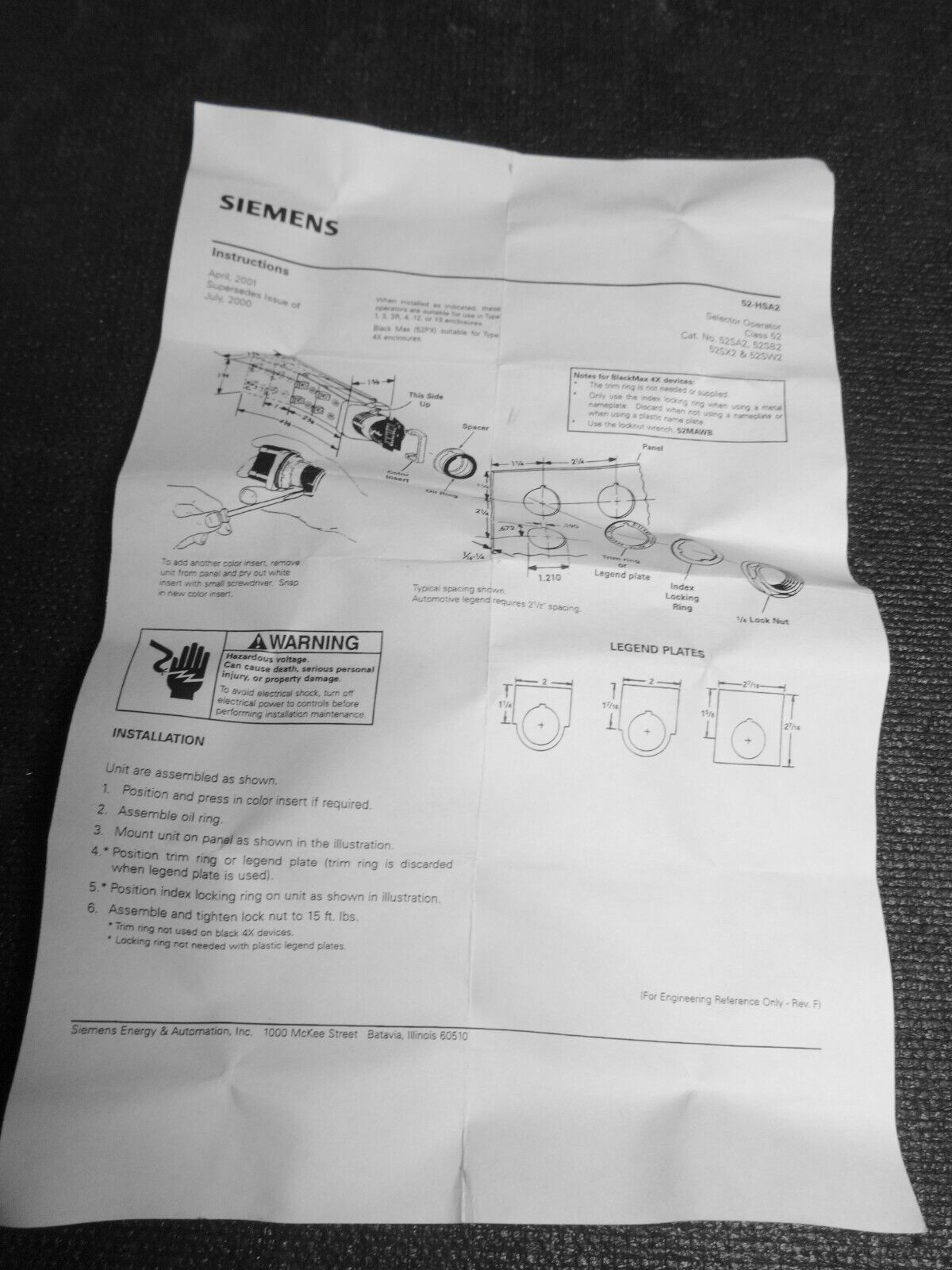 Siemens 52SA2HAB  4 POS Selector Operator 30MM Short Lever - White