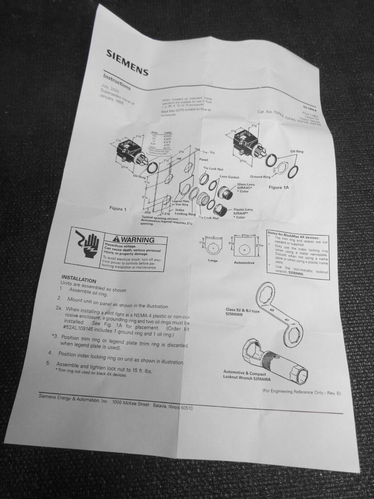 Furnas 52PA4EN Siemens Pilot Light, Full Voltage - AC/DC - W/O Lens