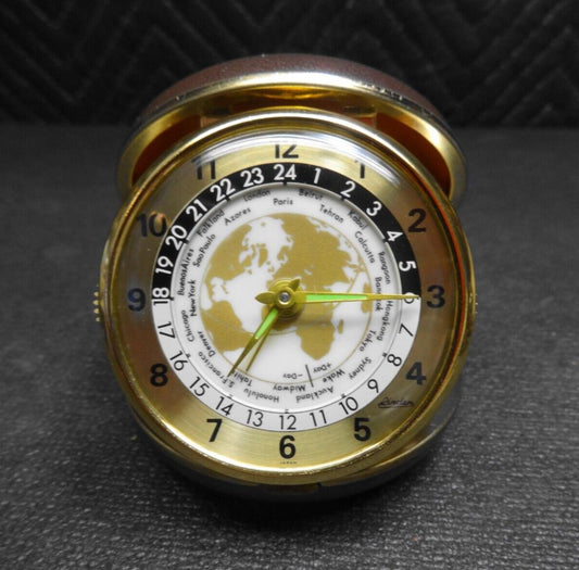 Linden Travel Alarm Clock Japan World Map Time Zones Vintage Wind Up *SERVICED*