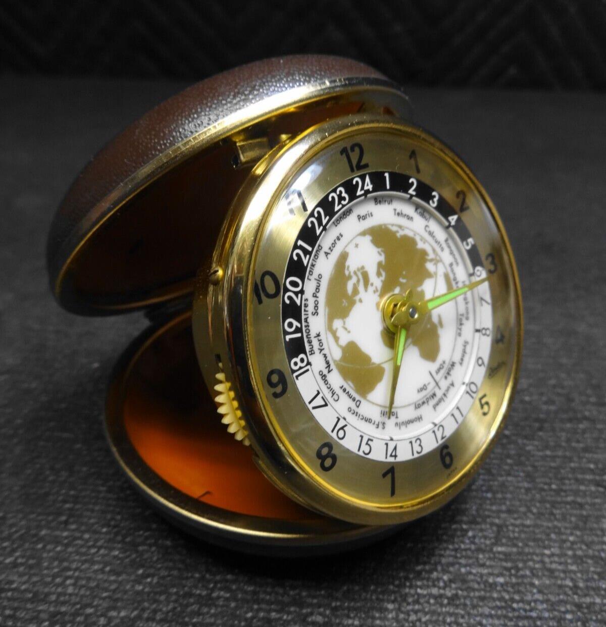 Linden Travel Alarm Clock Japan World Map Time Zones Vintage Wind Up *SERVICED*
