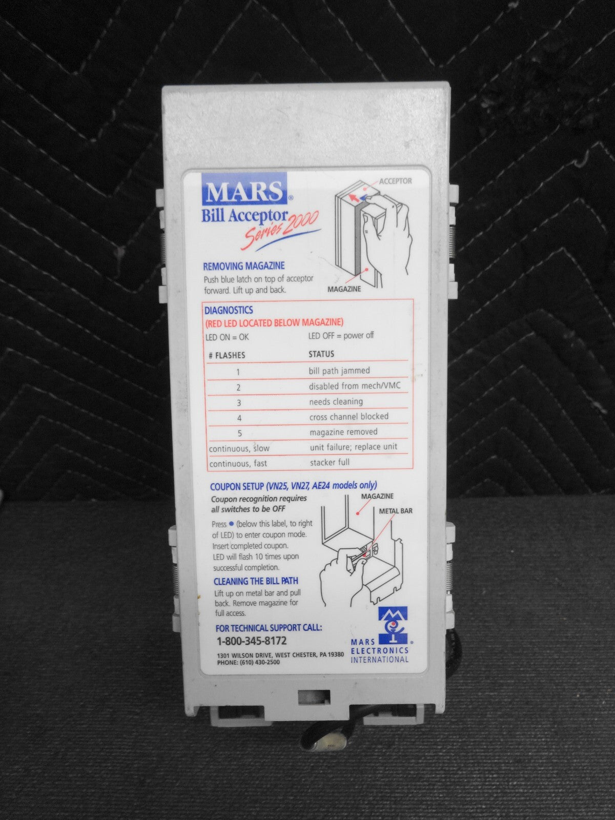 Mars MEI VN 2501 U5 bill acceptor for $1.00 to $5.00 bill acceptance