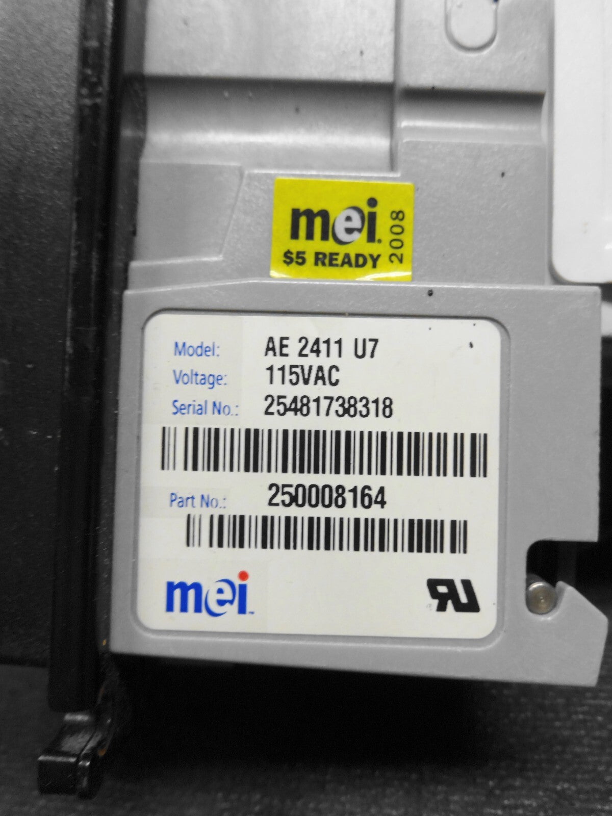 Mars MEI AE2411 U7 115vac Bill Acceptor Validator $1s & $5  Vending & Bill Box
