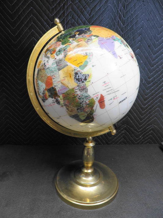 Large 22" Tall Mother of Pearl Mineral World Globe On Polished Brass Stand