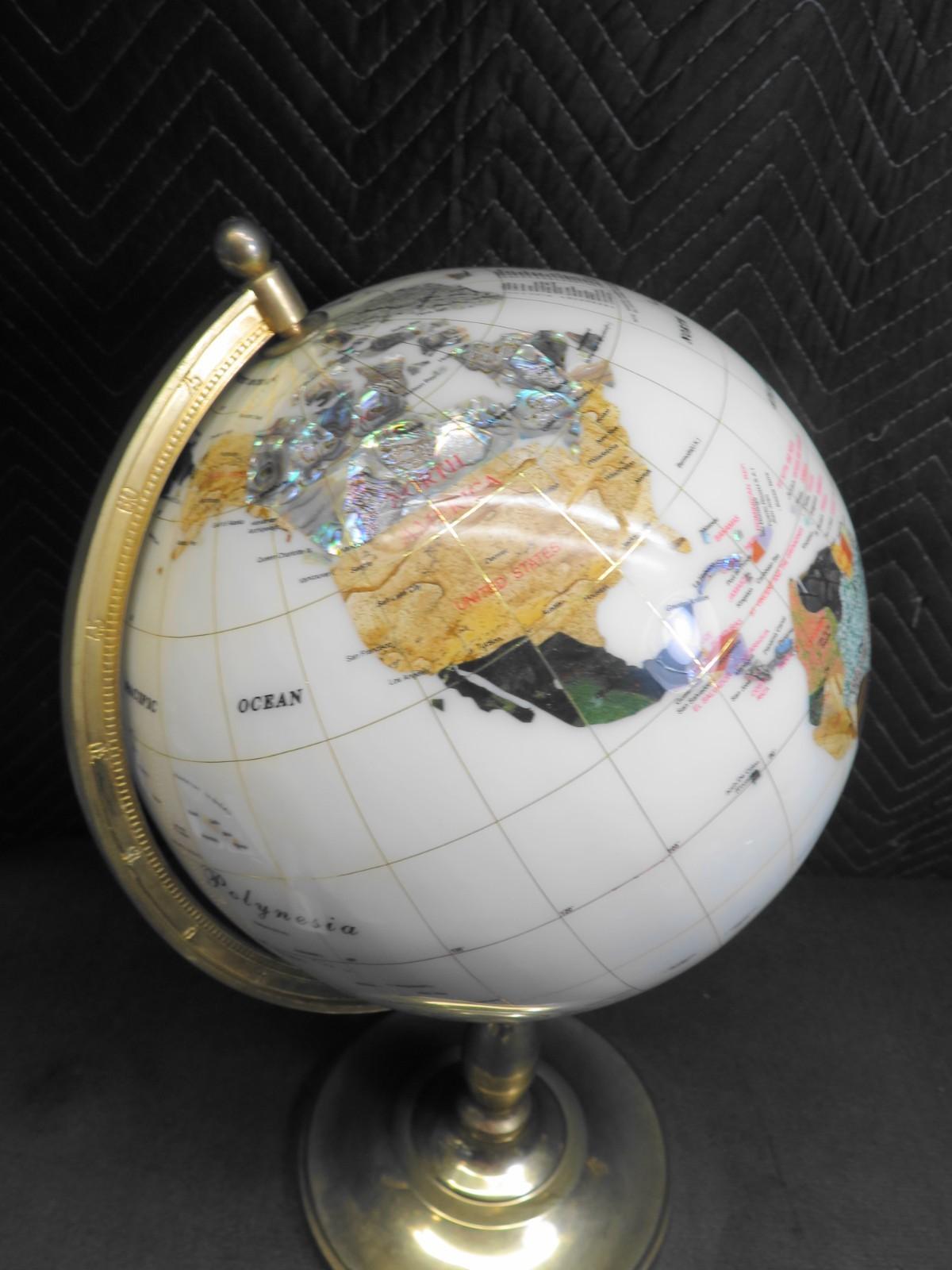 Large 22" Tall Mother of Pearl Mineral World Globe On Polished Brass Stand
