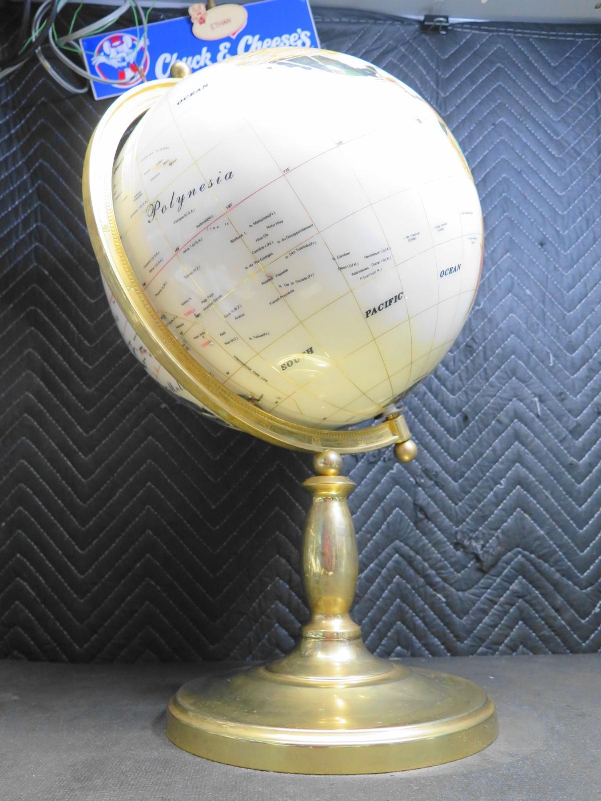 Large 22" Tall Mother of Pearl Mineral World Globe On Polished Brass Stand