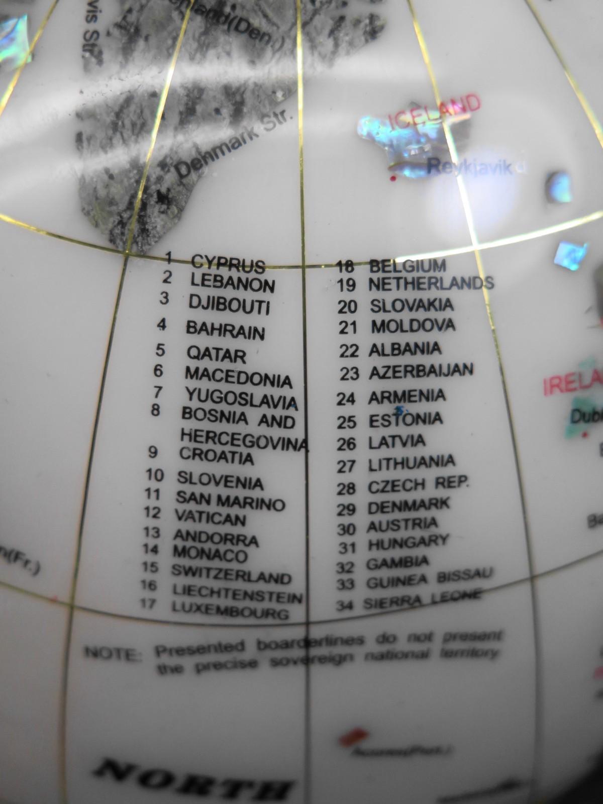 Large 22" Tall Mother of Pearl Mineral World Globe On Polished Brass Stand