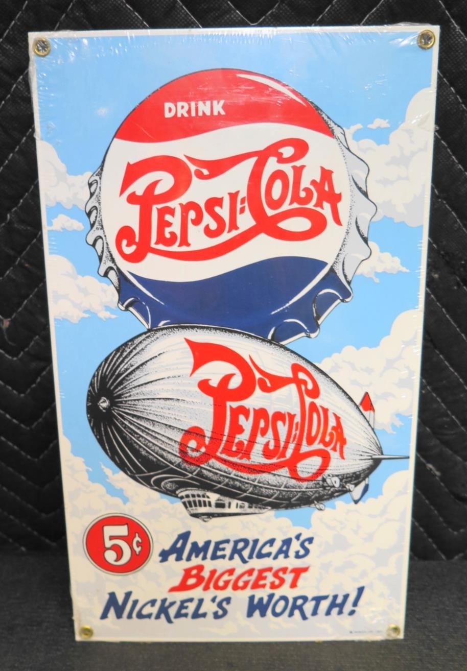 NOS Ande Rooney porcelain METAL sign Pepsi-Cola Zeppelin Blimp Soda Pop