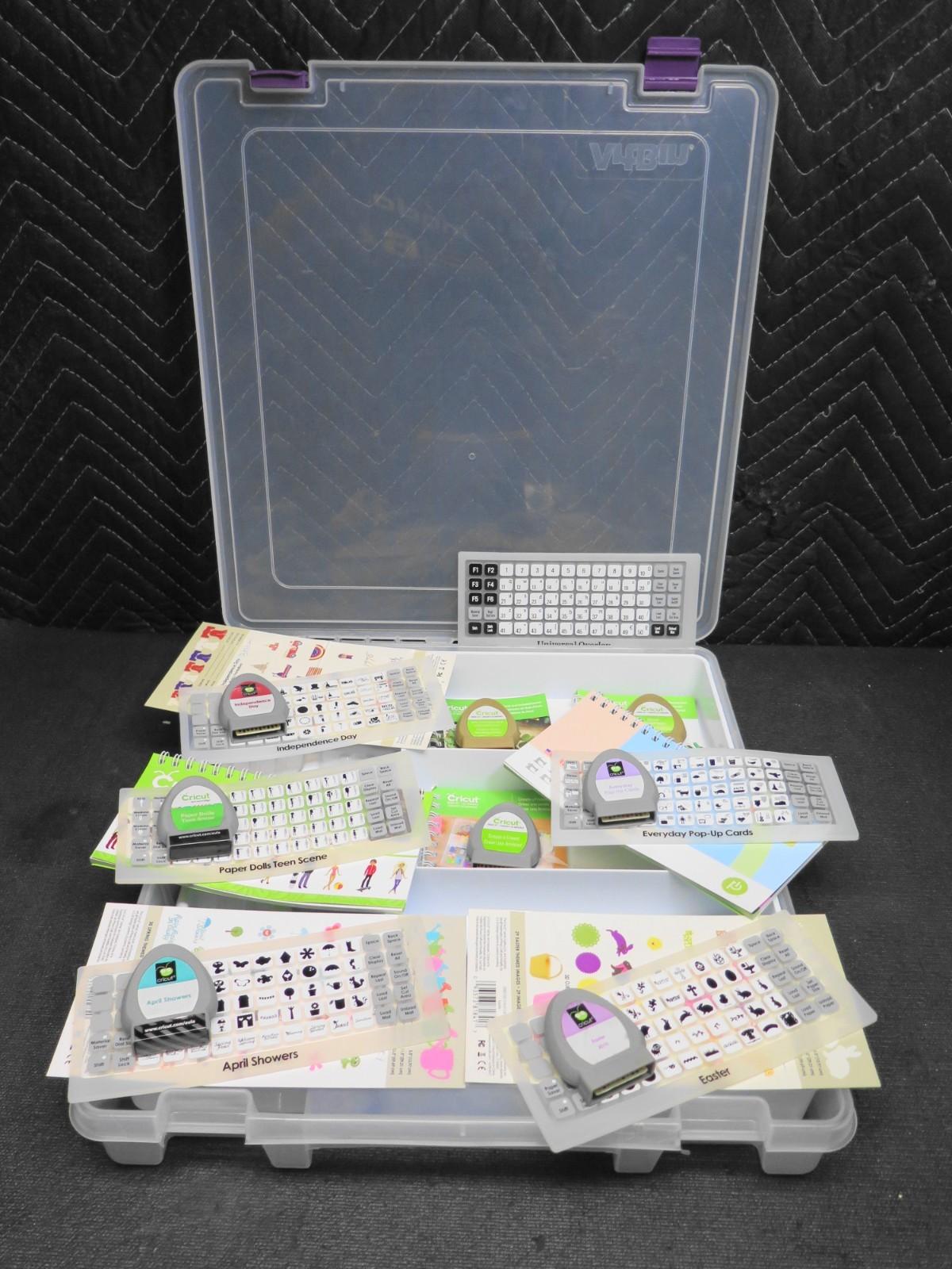 Lot Of 8 Cricut Cartridge With Booklets And Keyboard Overlays W/ ArtBin Case