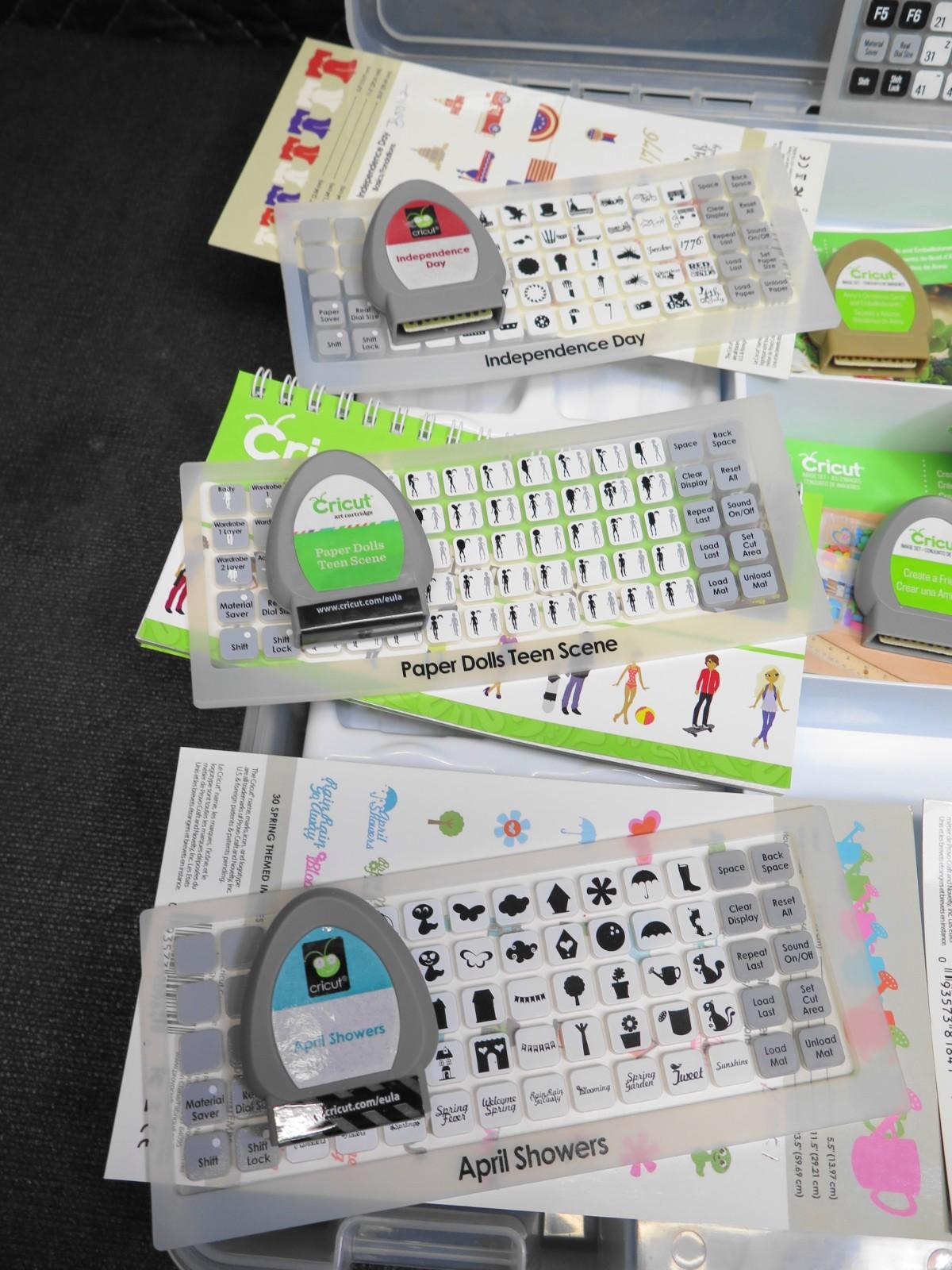 Lot Of 8 Cricut Cartridge With Booklets And Keyboard Overlays W/ ArtBin Case