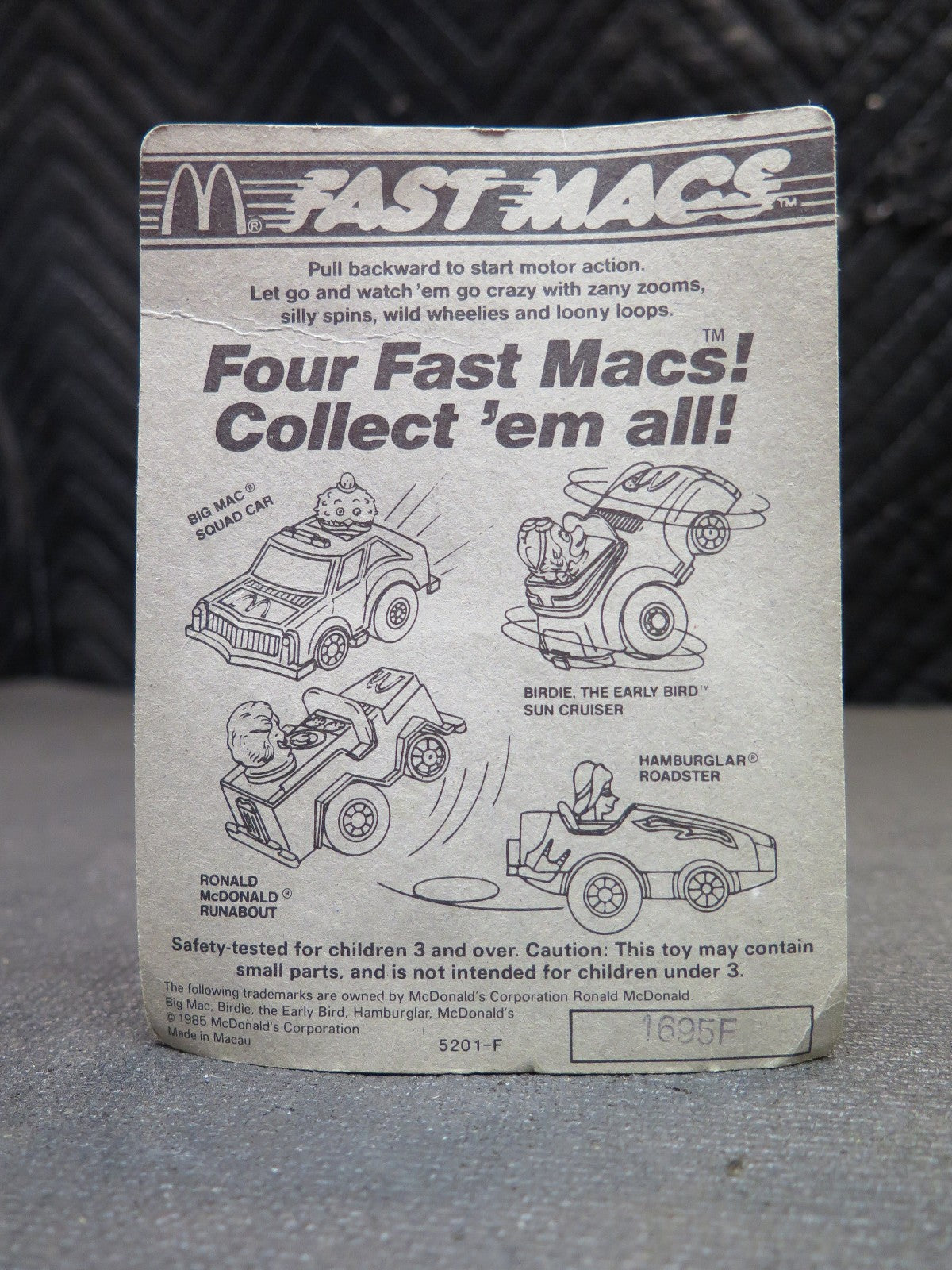 Vintage 1985 Ertl McDonald's Fast Macs Big Mac Squad Car Sealed Pull Back Car