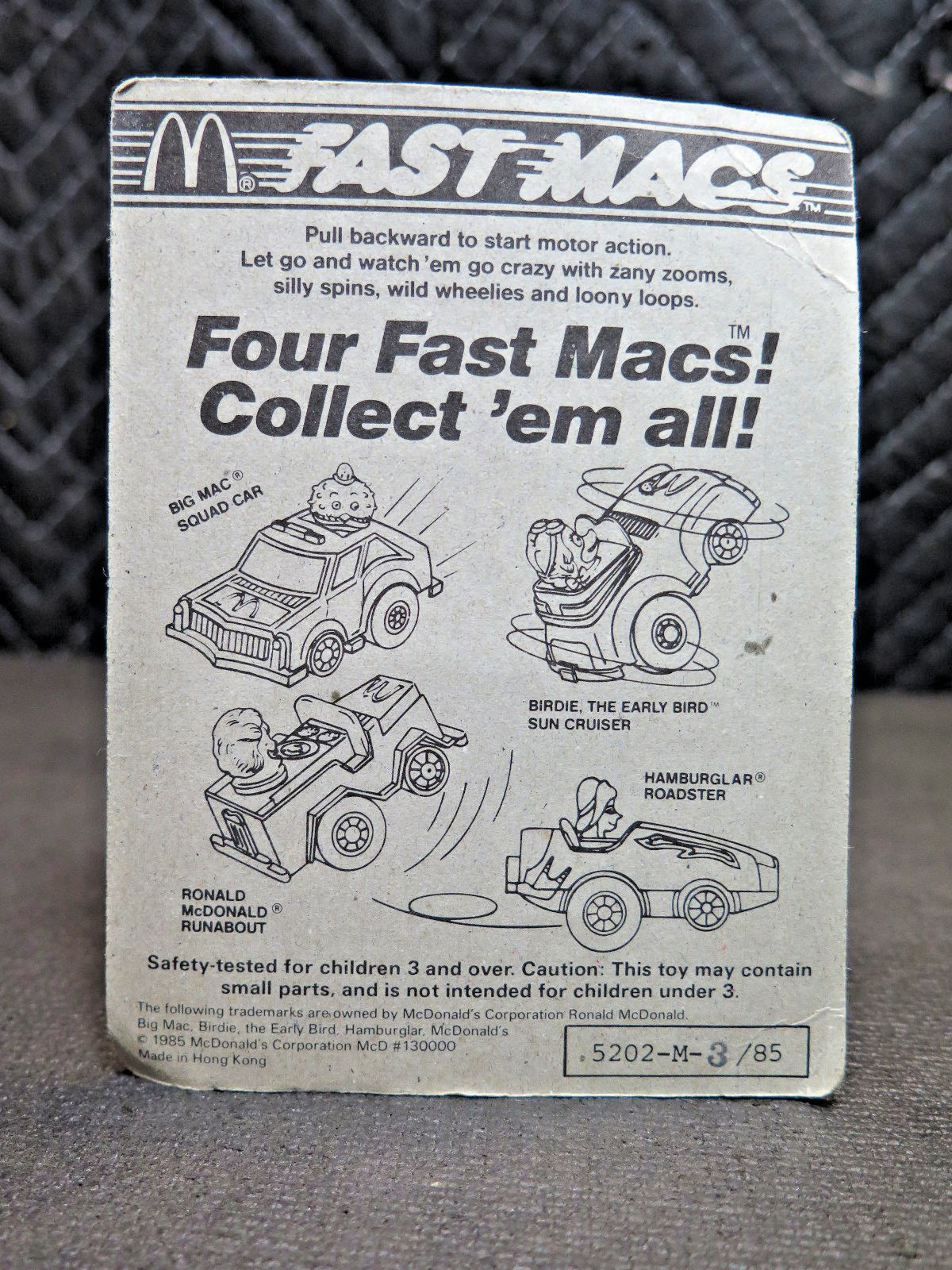 McDonald's 1985 Fast Macs Happy Meal Ronald Mini Pull Back Jeep in Package