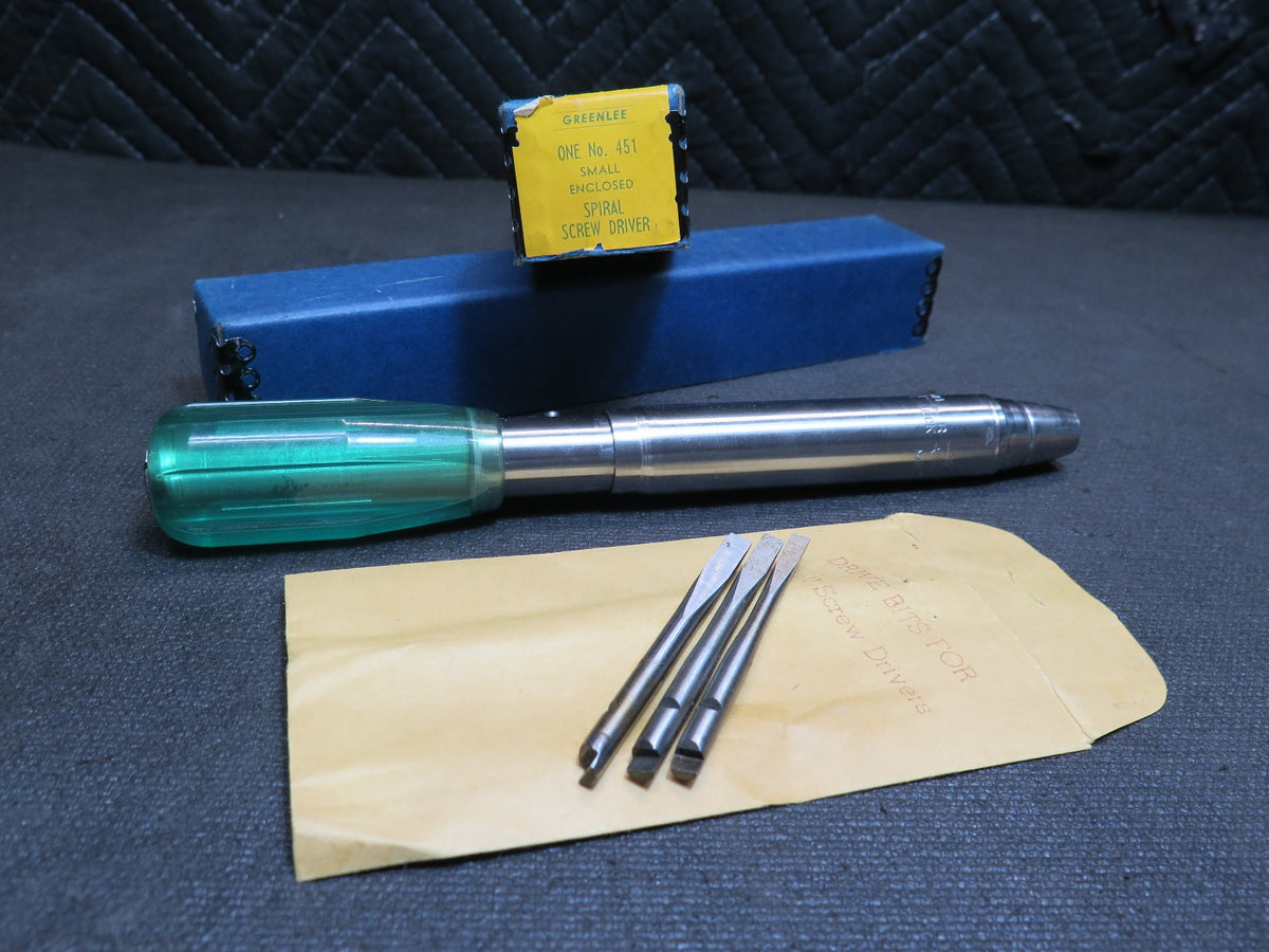 Vintage Greenlee Spiral Screwdriver No. 451 USA Made w/ 3 Original Bits & Box