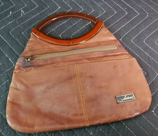 Vintage Neiman-Marcus Aristocrat Brown Leather Hand Bag Purse w/ Amber Handle