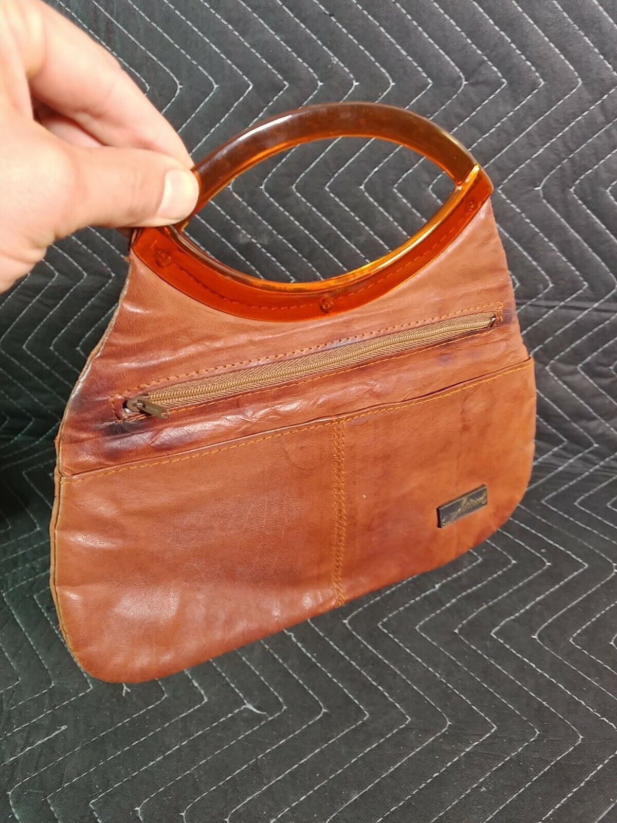 Vintage Neiman-Marcus Aristocrat Brown Leather Hand Bag Purse w/ Amber Handle