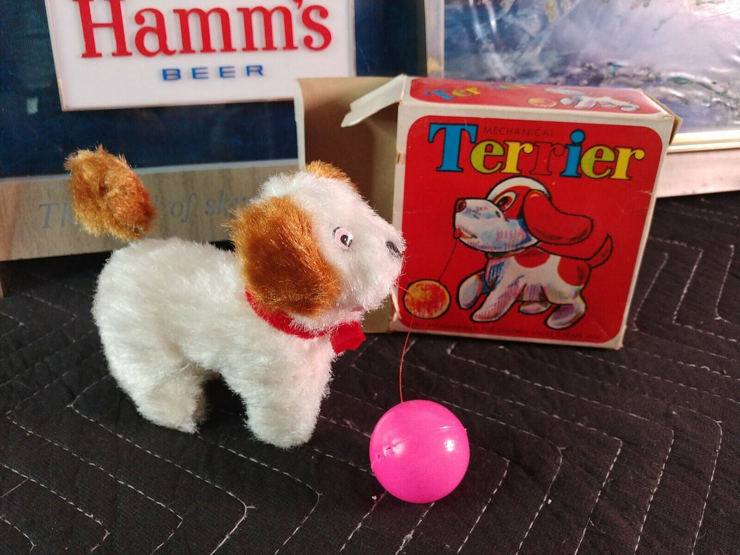 VINTAGE MTU MECHANICAL TERRIER DOG WIND UP TOY WAGGING TAIL WORKS KOREAN