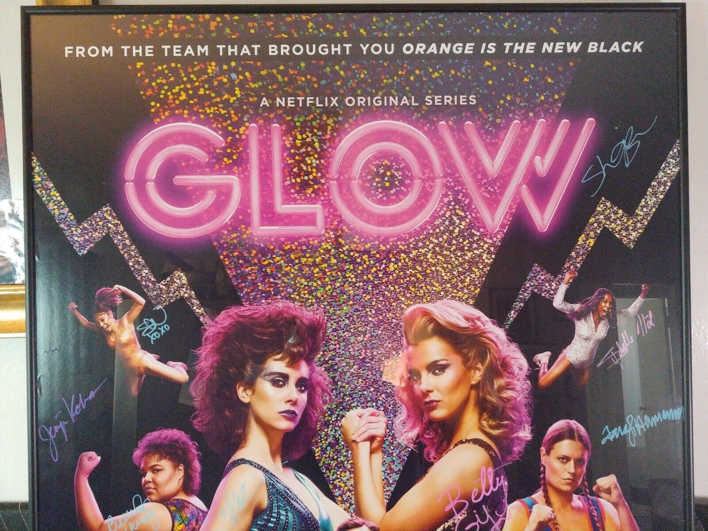 GLOW signed poster cast w/ 16 Signatures! Netflix - Framed